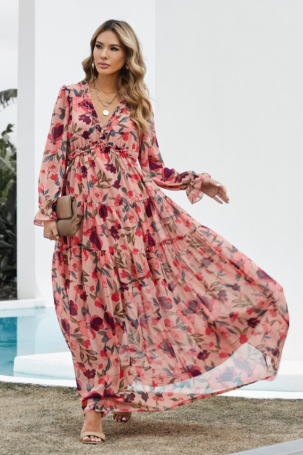 Boutique chiffon frill on sale wrap maxi dress